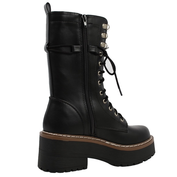 Black Faux Leather  Combat Mid Calf Platform Block Heel Boot - Picture 6 of 7